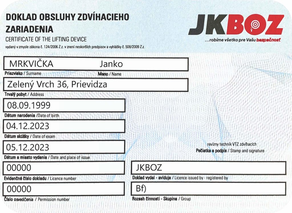 Preukaz obsluha zdvíhacích zariadení spoločnosti JKBOZ s.r.o. 